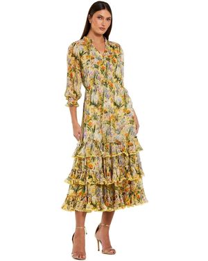 Mac Duggal Floral V-neck Ruffle Tiered Midi Dress - Metallic