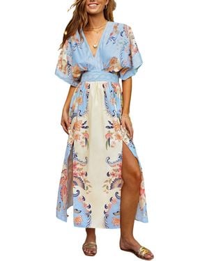CUPSHE Plunging V-neck Short-sleeve Woven Maxi Dress - Blue