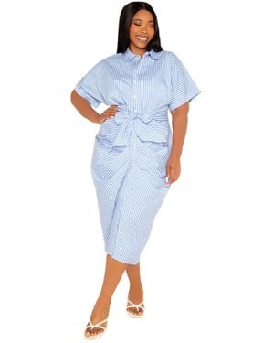 Buxom Couture Plus Size Tie Waist Stripe Shirt Dress - Blue
