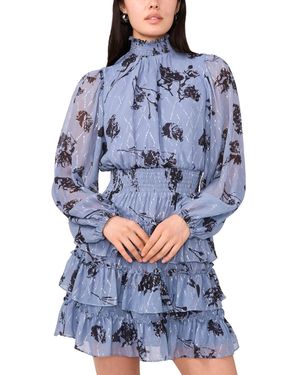 1.STATE Printed Long Sleeve Mock Neck Dress - Blue
