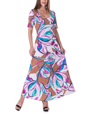 24seven Comfort Apparel Print Elbow Sleeve Casual A Line Maxi Dress - White