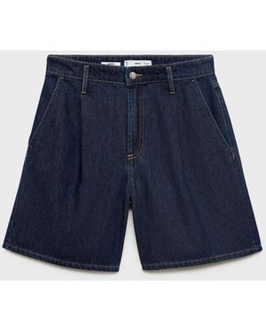 Mango Mid-rise Pleated Denim Bermuda Shorts - Blue