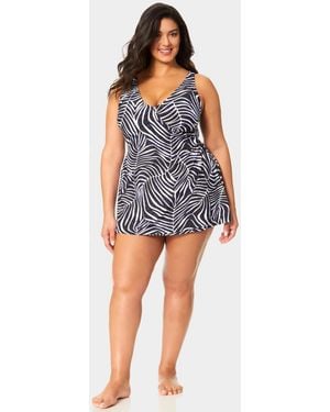 Anne Cole Plus Size V-neck Surplice Wrap Printed Swim Dress - Blue