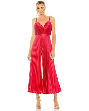 Mac Duggal Cropped Pleated V-neck Wide Leg Jumpsuit - Red