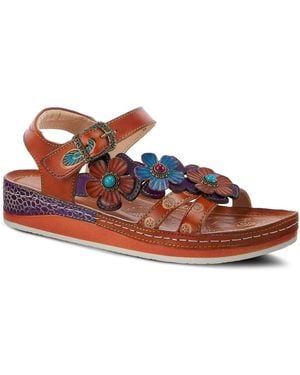 L'ARTISTE Goodie Hand-painted Leather Ankle Strap Wedge Sandals - Brown