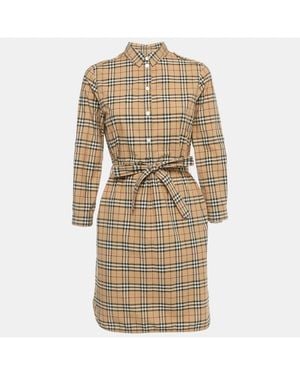 Pre-owned Burberry Beige Check Print Cotton Shirt Dress - Natural