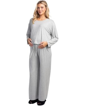 Hello Miss Maternity Wide-leg Long-sleeve Boat Neck Top And Pants - White