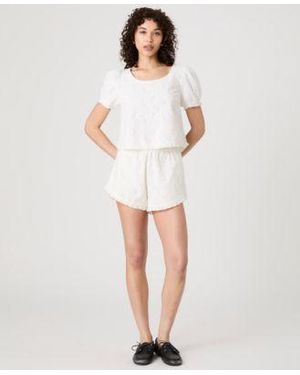 French Connection Eyelet Puff Sleeve Top Eyelet Ruffle Hem Shorts - White
