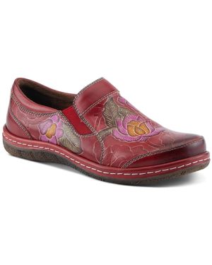 L'ARTISTE Annawan Floral Embossed Handpainted Leather Comfort Slip-on Shoes - Red