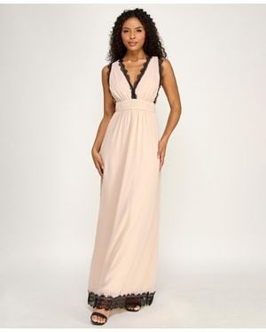 Seni & Cade Sleeveless V-neck Deep Plunge Lace Trim Dress - Natural