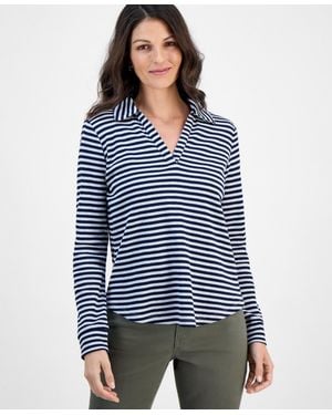 Style & Co. Striped Waffle-knit Collared Top - Blue