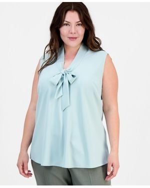 Kasper Plus Size Sleeveless Tie-neck Top - Blue