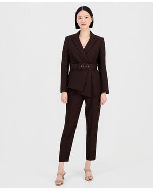 Tahari Belted Asymmetrical Jacket & Slim-fit Pantsuit Set - Brown