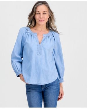 Style & Co. Petite Denim Trapunto-stitch Blouse - Blue
