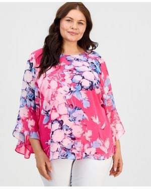 Kasper Plus Size Printed Ruffled 3/4-sleeve Top - Pink