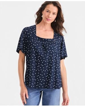 Style & Co. Printed Square-neck Flutter-sleeve Top - Blue
