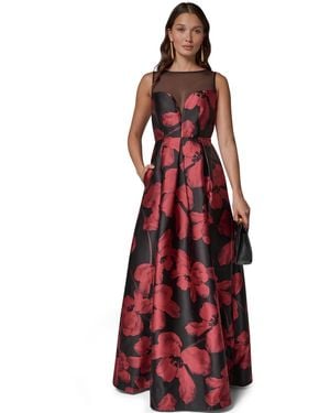 Donna Karan Illusion Sweetheart-neck Floral-print Pleated Gown - Red