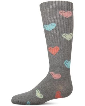 Memoi Big Girls Ribbed Cotton Blend "multi Graffiti Hearts" Knee Sock - Gray