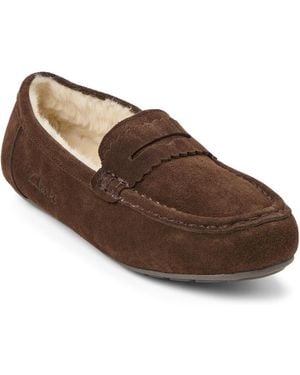 Clarks Memory Foam Moccasin Penny Loafer Suede Slippers - Brown