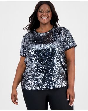 Anne Klein Plus Size Sequinned Chiffon-trim Top - Blue
