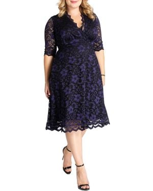 Kiyonna Plus Size Mon Cherie Floral Lace Cocktail Dress - Blue