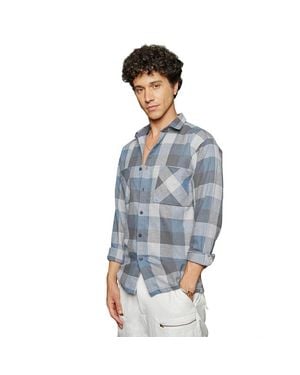 Campus Sutra Icy & Ash Gray Checkered Utility Shacket - Blue