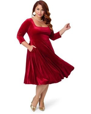 Unique Vintage Plus Size Square Neck Pleated Swing Dress - Red
