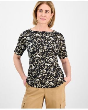 Style & Co. Petite Gram Floral Elbow-sleeve Tee - Black