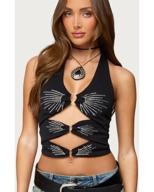 Edikted Lettie Rhinestone Cut Out Halter Top - Black