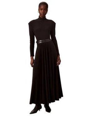 Calvin Klein Belted Long Sleeve Turtleneck A Line Dress - Black