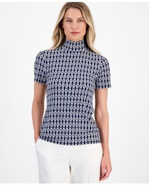 Anne Klein Short-sleeve Mock-neck Top - Blue