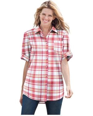 Woman Within Plus Size Within Short-sleeve Button Down Seersucker Shirt - Red