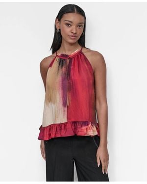 DKNY Printed High-neck Sleeveless Peplum Top - Red