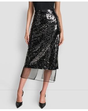 DKNY Sequined Layered Mesh Skirt - Black