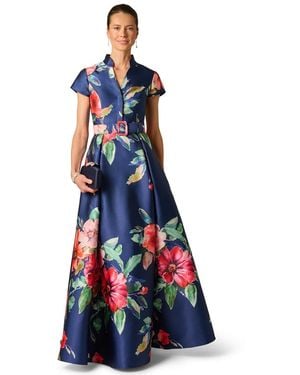 Adrianna Papell V-neck Floral Ball Gown - Blue