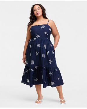 On 34th Trendy Plus Size Cotton Seashell-embroidered Dress - Blue