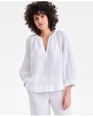 Charter Club 100% Linen Split-neck 3/4-sleeve Blouse - White