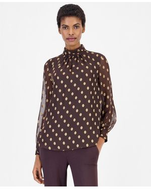 Anne Klein Long-sleeve Mock Neck Keyhole Blouse - Brown