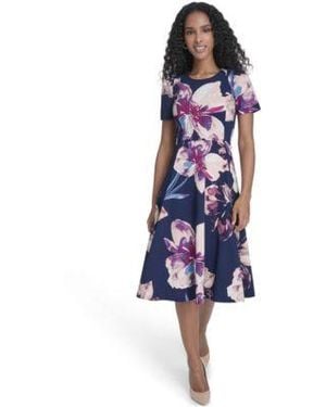 Calvin Klein Printed Crew Neck Midi Dress - Blue