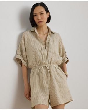 Ralph Lauren Petite Striped Collared Drawcord-waist Romper - Brown