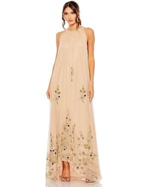 Mac Duggal High Neck Floral Embellished Trapeze Gown - Natural