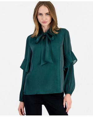 Anne Klein Bow Tie Long-sleeve Ruffle Blouse - Green