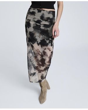 Kenneth Cole Printed Mesh Side Ruched Midi Skirt - Black