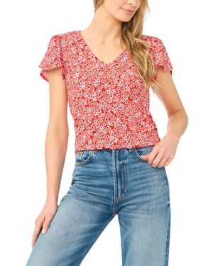 Cece V-neck Tulip-sleeve Printed Top - Blue