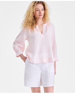 Charter Club 100% Linen Split-neck 3/4-sleeve Blouse - White