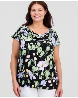 Kasper Plus Size Printed Cap-sleeve Cowl-neck Top - Black
