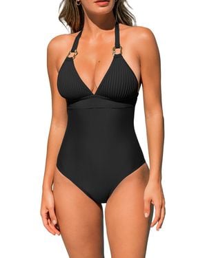 CUPSHE Ribbed V-neck Metal Trim One-piece Swimsuit - Black
