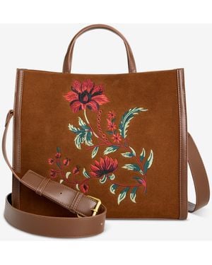 Style & Co. Floral Embroidery Suede Adjustable Strap Tote - Brown