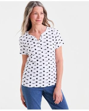 Style & Co. Printed Short-sleeve Henley Top - White