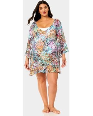 Anne Cole Plus Size V-neck Flounce Swim Cover Up Tunic - Blue
